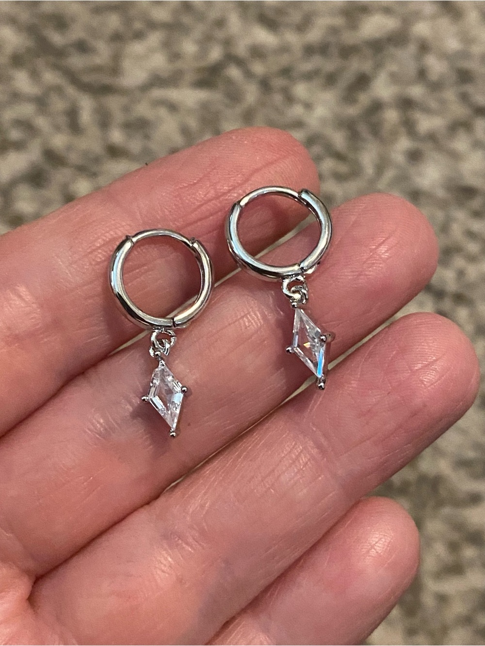 Silver Huggie Hoop Earrings with Clear Kite CZ Drops